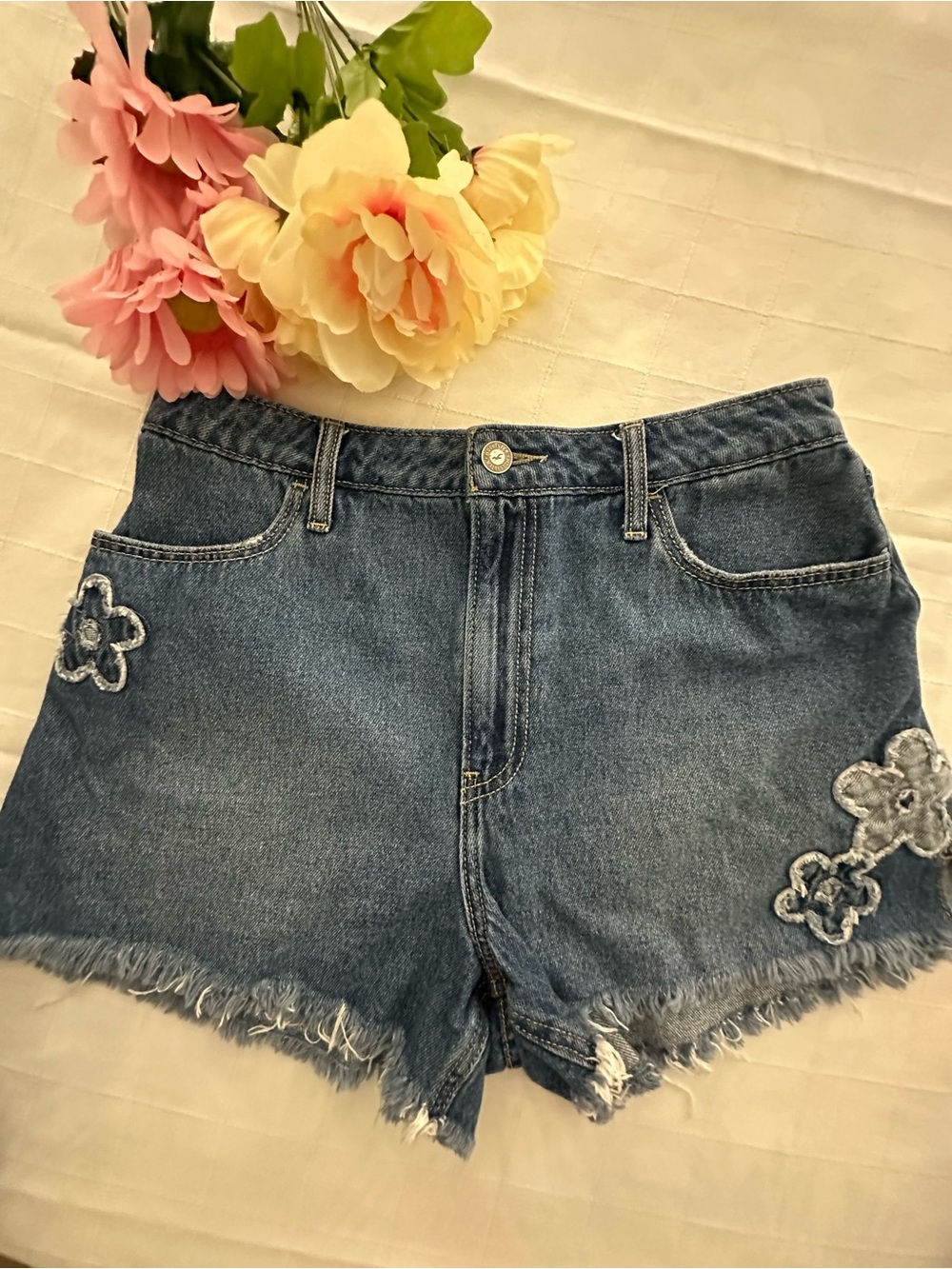 Hollister Blue Denim Floral Appliqué High-Rise Shorts